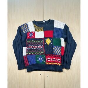 Vintage Liz Sport Sweater Women Medium Multicolor Patchwork Knit Cotton Pullover